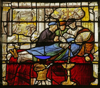 Vidriera que representa Escena de la vida de San Claudio: muerte del santo y traslado de sus reliquias de French School